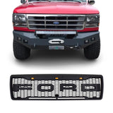 Raptor Style Grille For 1992 1993 1994 1995 1996 Ford F150 Bronco Grill w/Letters & Lights Black