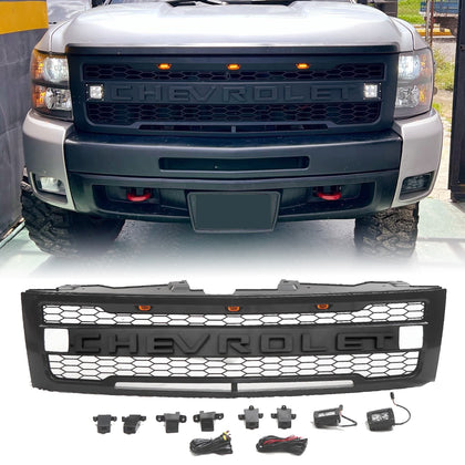 Grille for 2007 2008 2009 2010 2011 2012 2013 Chevy Silverado 1500 Raptor Style Grill With 3+2 LED Lights & Emblem