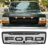 Front Grille For 1992-1996 Ford F150 Bronco Grill With Letters&LED Lights Matte Black