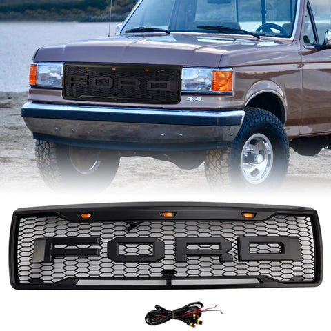 Raptor Style Grille For 1992 1993 1994 1995 1996 Ford F150 Bronco Grill w/Letters & Lights Black