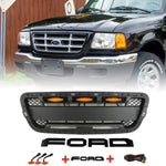 Front Grille for 2001 2002 2003 Ford Ranger Raptor Style Grill with Letters and LED Lights（mesh style）