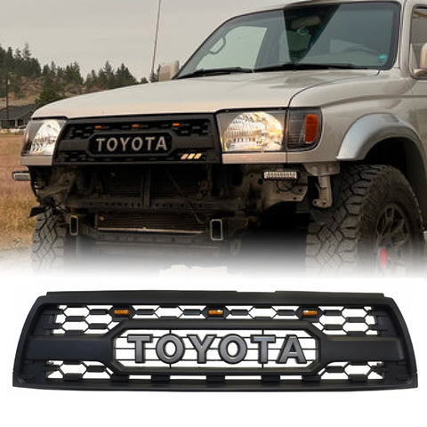 Front Grille for 1996-2002 Toyota 4runner  Replacement Grill TRD Style ABS Front Bumper Grille W/ Letters Led Lights（Matte Black）