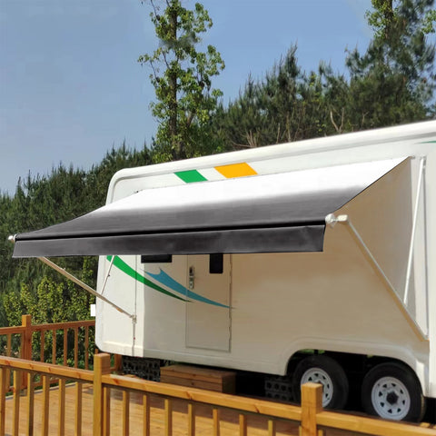 Manual RV Awning Complete Awning Kit， White Frame-Black Fabric, 14Ft(13'2'' Fabric)