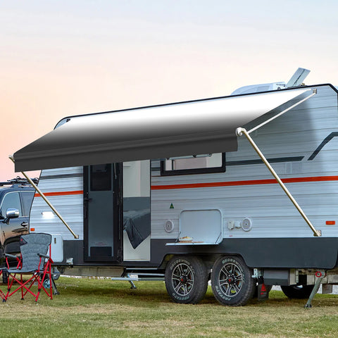 Manual RV Awning Complete Awning Kit，White Frame-Black Fabric, 11Ft(10'2'' Fabric)