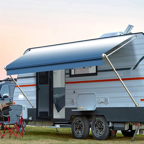 Manual RV Awning Retractable Complete Awning Kit ，White Frame-Blue Fabric, 11Ft(10'2'' Fabric)