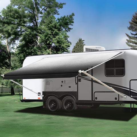 Manual RV Awning Complete Awning Kit，White Frame-Black Fabric, 18Ft(17'2'' Fabric)