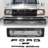 Front Grille for 1987-1991 Ford F150 Bronco Grill Raptor Style Black Grill with Letters and LEDs