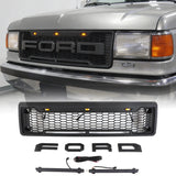 Front Grille for 1987-1991 Ford F150 Bronco Grill Raptor Style Black Grill with Letters and LEDs