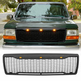 Front Grille For 1992-1996 Ford F150 Bronco Grill With Letters&LED Lights Matte Black