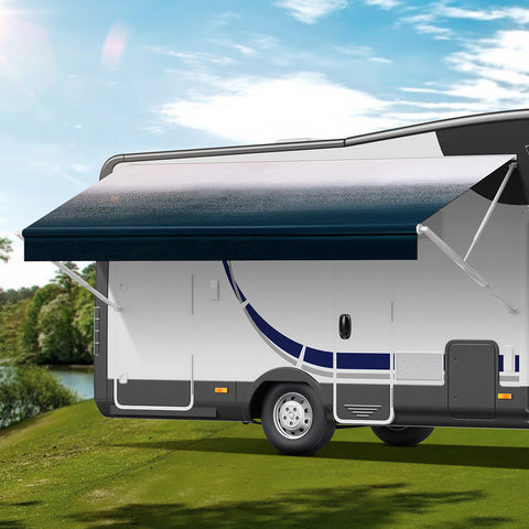 Manual RV Awning Complete Awning Kit，White Frame-Black Fabric, 15Ft(14'2'' Fabric)