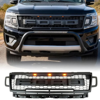 Front Grille for 2018-2021 Ford Expedition Raptor Upper Bumper Grill Black w/LED