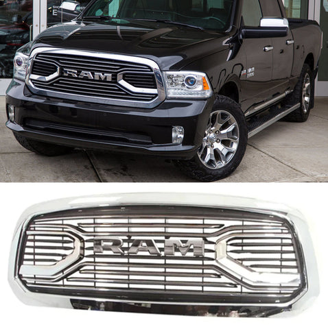 Chrome Big Horn Style Front Grille For 2013-2018 Dodge RAM 1500 Upper Bumper Grill  w/ Letters