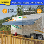 Manual RV Awning Complete Awning Kit ，White Frame-Blue Fabric, 15Ft(14'2'' Fabric)