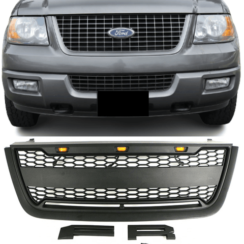 Front Grille for 2003 2004 2005 2006 Ford Expedition Raptor Upper Bumper Grill w/LED Lights