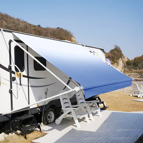 Manual RV Awning Retractable Complete Awning Kit ，White Frame-Blue Fabric, 14Ft(13'2'' Fabric)