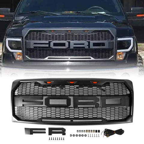 For 2009-2014 Ford F150 F-150 Raptor Style Grille Front Grill with Light （Matte Black）