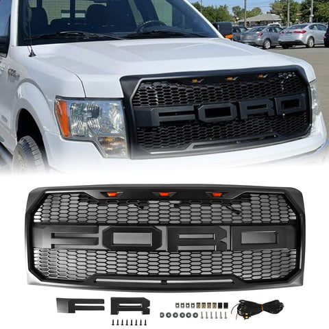 2009 2010 2011 2012 2013 2014 Ford F150 Raptor Style Grill Front Bumper Grille w/LED Lights Matte Black