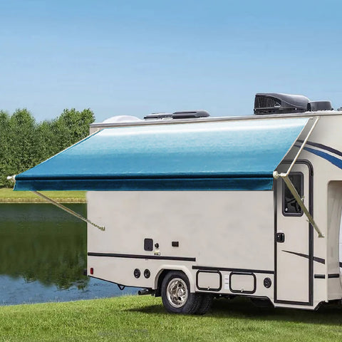 Manual RV Awning Complete Awning Kit ，White Frame-Blue Fabric, 15Ft(14'2'' Fabric)