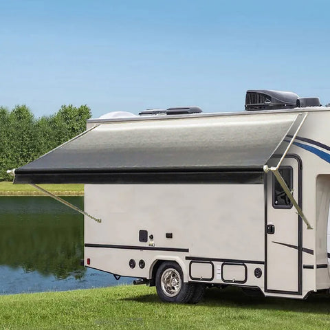 Manual RV Awning Complete Awning Kit，White Frame-Black Fabric, 17Ft(16'2'' Fabric)