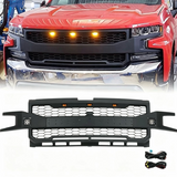 Front Grille for 2019 2020 2021 2022 Chevrolet Silverado 1500， Black Grille Upper Grill 3+2 LED Lights
