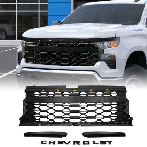 Front Grille for 2022-2024 Chevy Silverado 1500 Raptor Style Grill With LED Lights and Letters(Matte Black)