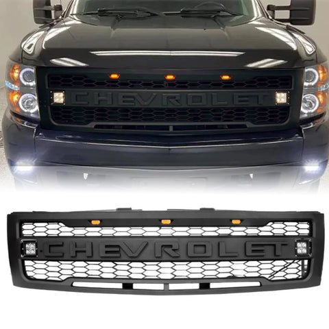 Front Grille for 2007-2013 Chevy Silverado 1500 Raptor Style Grill With 3+2 LED Lights & Emblem