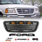 Front Grille for 2001 2002 2003 Ford Ranger Raptor Style Grill with Letters and LED Lights（mesh style）