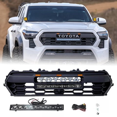 Front Grill for 2024 2025 Toyota Tacoma TRD PRO Grill Black Grille With Led & Light Bar & Letter