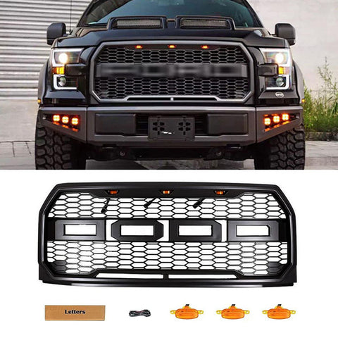 2015 2016 2017 FORD F150 Grille Raptor Style Front Grill Bumper Hood Grill W/ LED & Letters
