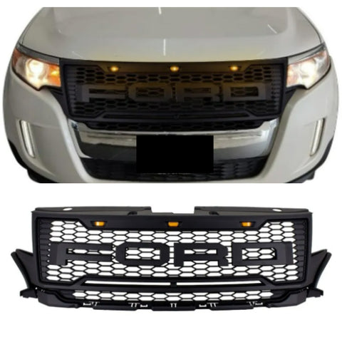 2012-2015 Ford Edge Front Grille Mesh Grill w/ LED Lights & Letters Matte Black