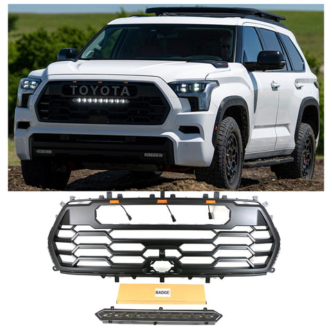 Front Grille for 2022 Toyota Sequoia TRD Pro Style Grill with Emblem & LED Lights