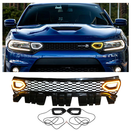 Grille For 2015-2022 Dodge Charger SRT Scat Pack Upper Grill With 2 LED Smoked Lights