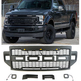 Front Grille for 2021-2022 Ford F250/F350 Raptor Style Grill w/ 3 Lights+2 Side Lights