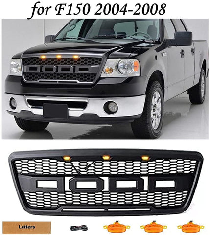 Front Grille For 2004-2008 Ford F150 Raptor Style Replacement Grille, Black W/ LED & Letters