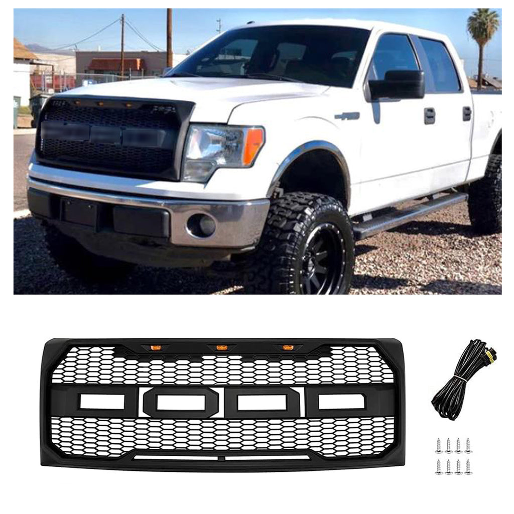 Glossy Black Grille For 2009-2014 Ford F150 – Raptor Style With Amber Lights & Letters